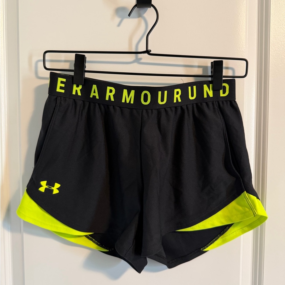 Under Armour Women's Black Shorts with Neon Yellow Accents